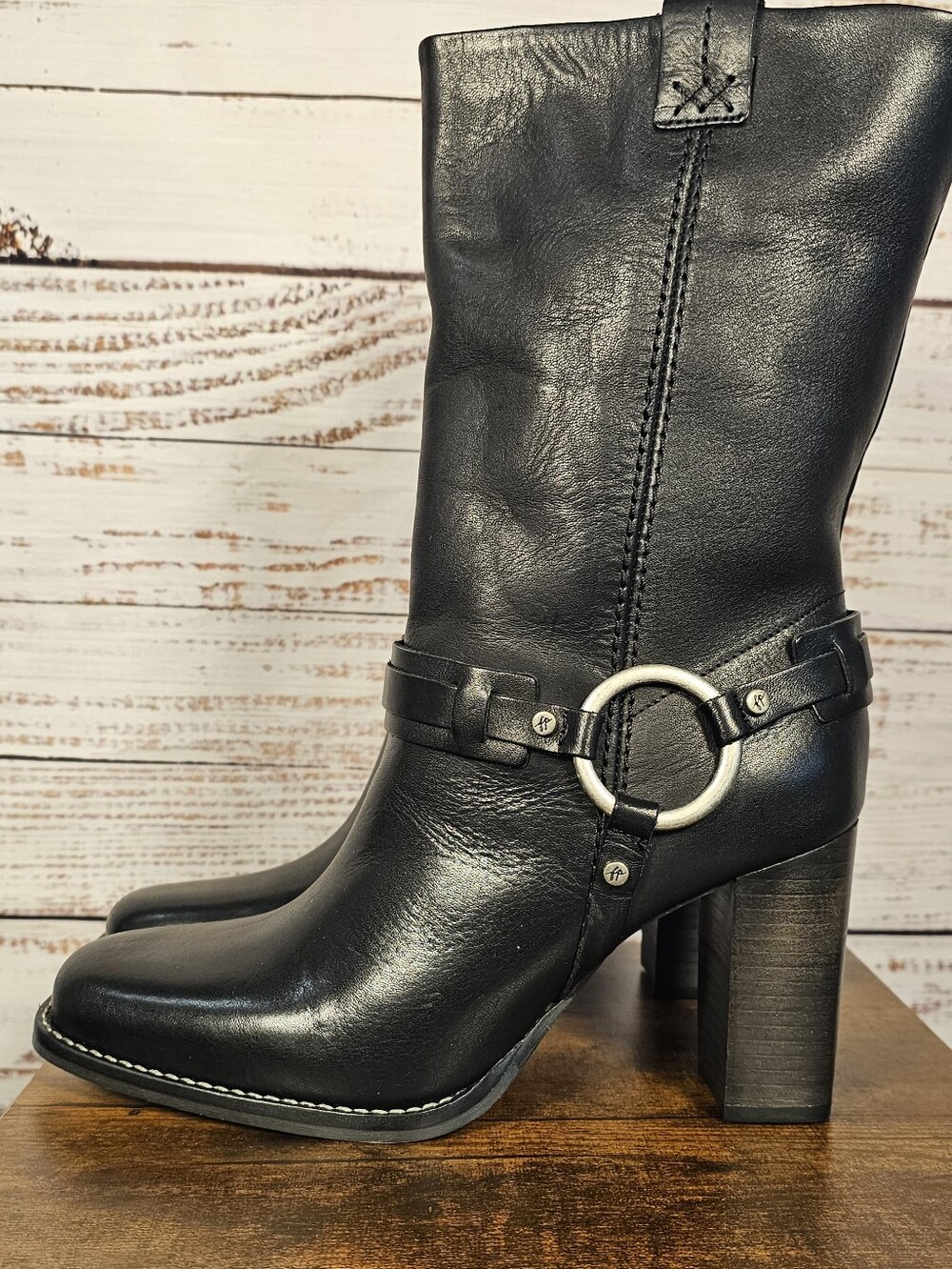 Free People Hayden Harness Leather Heeled Boots Size 8.5 Black Mid Calf NIB - Picture 3 of 8